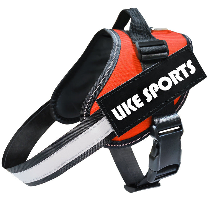 Red dog harness with black straps and &
