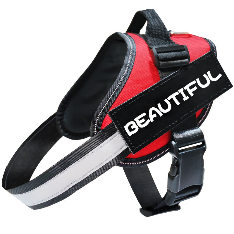 Red dog harness with a black patch displaying the word &